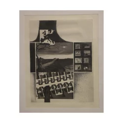 Black and white “Contact” collage board, under glass.