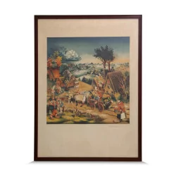 naive landscape lithograph with medieval scene, signed N. …