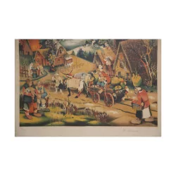 naive landscape lithograph with medieval scene, signed N. …