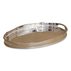 Oval silver tray with decorations.