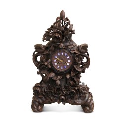 carved wooden clock adorned with rose and birds. Forest …