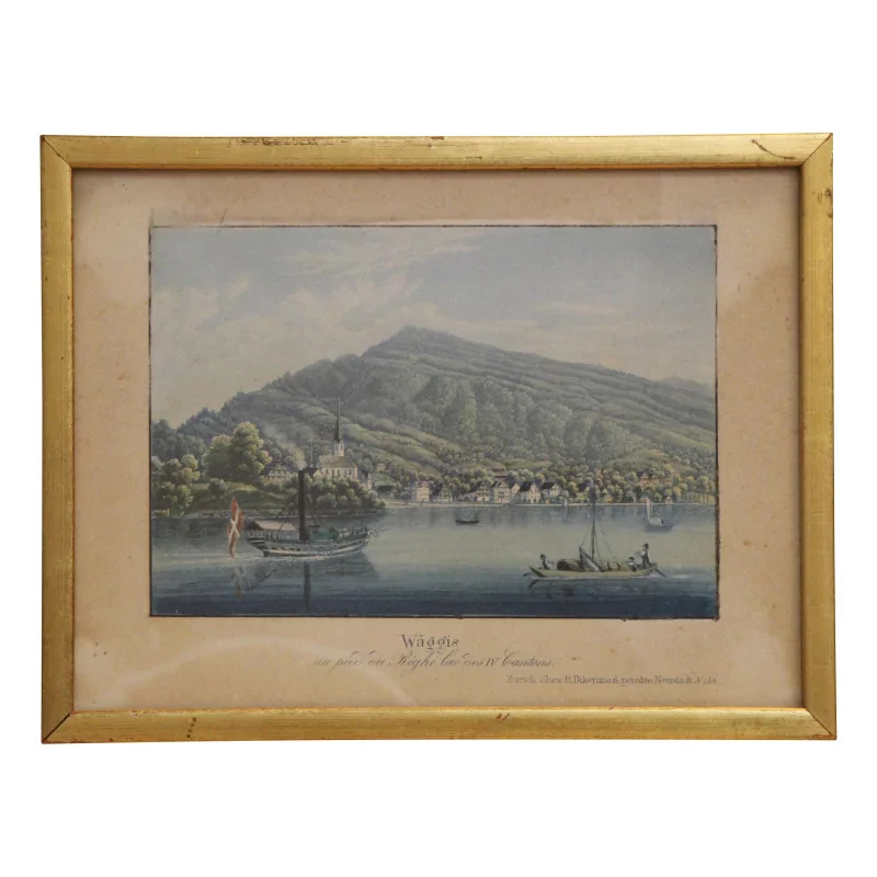 Small colored engraving “Wäggis” “At the foot of Righy, Lac des IV … - Moinat - Prints, Reproductions