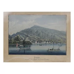 Small colored engraving “Wäggis” “At the foot of Righy, Lac des IV …