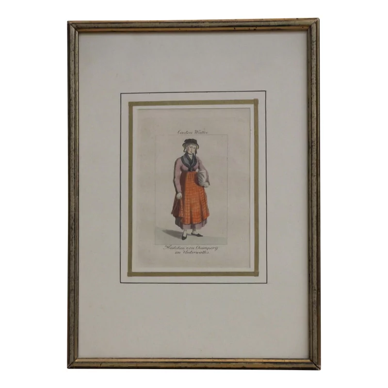 Colored engraving of a “Canton de Wallis” costume. - Moinat - Prints, Reproductions