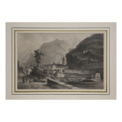 Gravur einer Bergstadt mit den Alpen im Hintergrund.