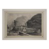 Gravur einer Bergstadt mit den Alpen im Hintergrund. - Moinat - Gravüren