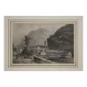 Engraving of a mountain town with the Alps in the background. - Moinat - Prints, Reproductions