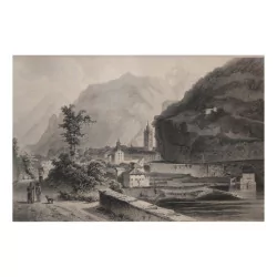 Engraving of a mountain town with the Alps in the background.