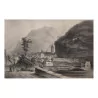 Engraving of a mountain town with the Alps in the background. - Moinat - Prints, Reproductions