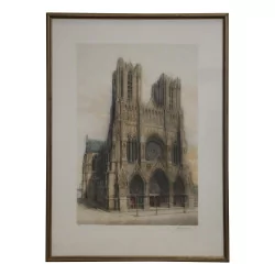 Lithographie, die die Kathedrale Notre Dame in Reims darstellt.