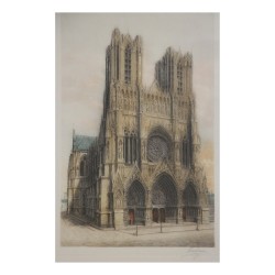 Lithographie, die die Kathedrale Notre Dame in Reims darstellt.