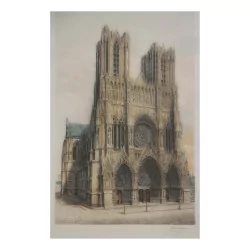 Lithographie représentant la Cathédrale Notre Dame de Reims.