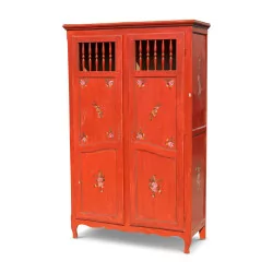 wardrobe with 2 doors painted red with floral decorations, …