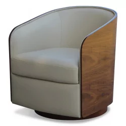 Design swivel shell armchair in walnut and leather. Height …