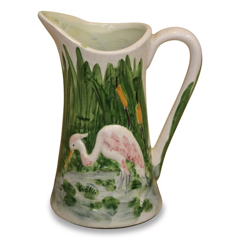 Slip pitcher with pink ibises. France. - Moinat - Chinaware, Porcelain