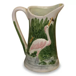 Slip pitcher with pink ibises. France.