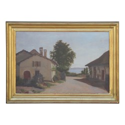 Huile sur toile "Village au bord du lac"