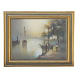 布面油画“港口中的三桅帆船”