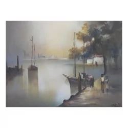 布面油画“港口中的三桅帆船”