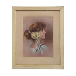 Pastellfarbenes Gemälde „Junge Frau mit gelber Rose“ …