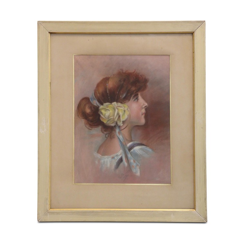 Pastel portrait \"Young woman with a yellow rose\" - Moinat - Painting - Portrait Pastel portrait \"Young woman with a yellow rose\" - Moinat - Painting - Portrait