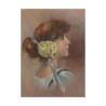 Pastel portrait \"Young woman with a yellow rose\" - Moinat - Painting - Portrait