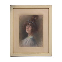 Pastel portrait \"Young woman with blue ribbon\"