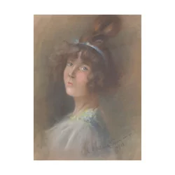 Tableau portait aux pastels “Jeune femme au ruban bleu” signé …