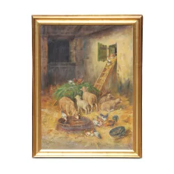 Oil painting on canvas “The little stable with hens and …