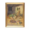 Oil painting on canvas “The little stable with hens and … - Moinat - Painting - Miscellaneous