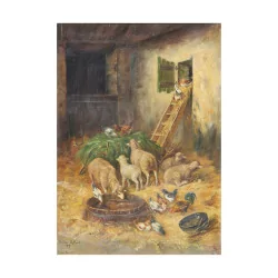 Oil painting on canvas “The little stable with hens and …