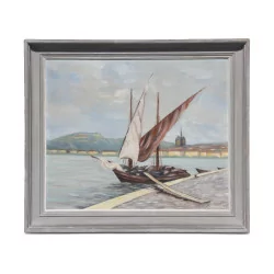 Oil painting on canvas “Boat at quay with the Salève and the …