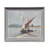 Oil painting on canvas “Boat at quay with the Salève and the … - Moinat - Painting - Navy