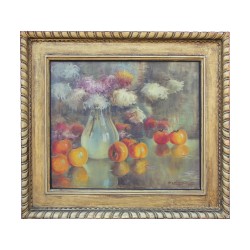 Oil on canvas still life \"Flowers and persimmons\"
