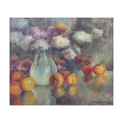 Oil on canvas still life \"Flowers and persimmons\"