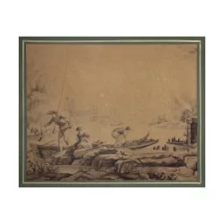 Картина акварелью «Возвращение рыбаков».