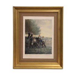 Tableau lithographie "Personnages et 2 chevaux"