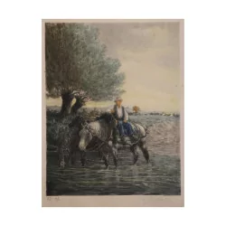 Tableau lithographie “Personnages et 2 chevaux” signé Aquiles …