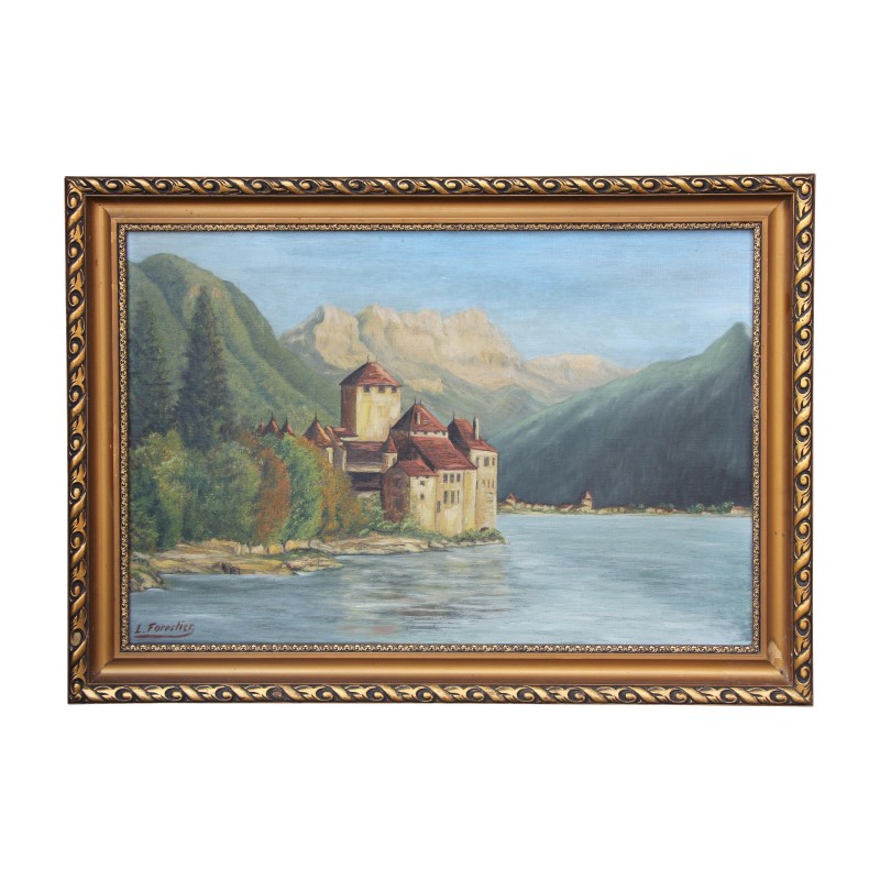 Tableau huile sur toile "Château de Chillon et les dents du - Moinat - Tableaux - Paysage