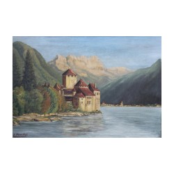 Tableau huile sur toile "Château de Chillon et les dents du