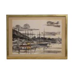 Lithograph painting “The harbor of Geneva” by Sergio CECCHI …