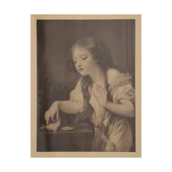 Kupferstichbild „Das junge Mädchen mit dem Vogel“.