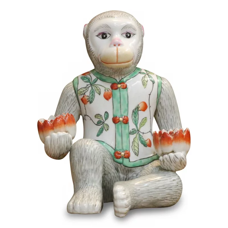 “代尔夫特”瓷器制成的猴子烛台。花卉装饰。 - Moinat - 瓷