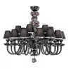 Carved black crystal chandelier with decorative hand-painted ceramic flowers. - Moinat - Chandeliers, Ceiling lamps