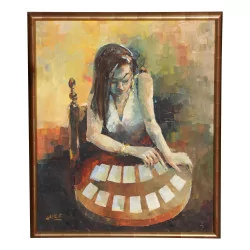 Tableau huile sur toile représentant une femme lisant les …