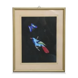 黑色背景上的一系列“彩鸟”版画