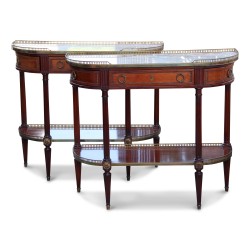 Pair of Louis XV half-moon sideboards in mahogany, marble top...