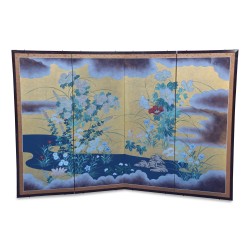 Paravent à 4 volets “Kakemo” décor floral et or. Japon.