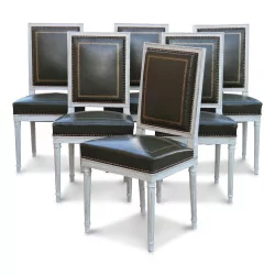 Набор из 6 стульев в стиле Людовика XVI, обтянутых тисненой зеленой кожей…