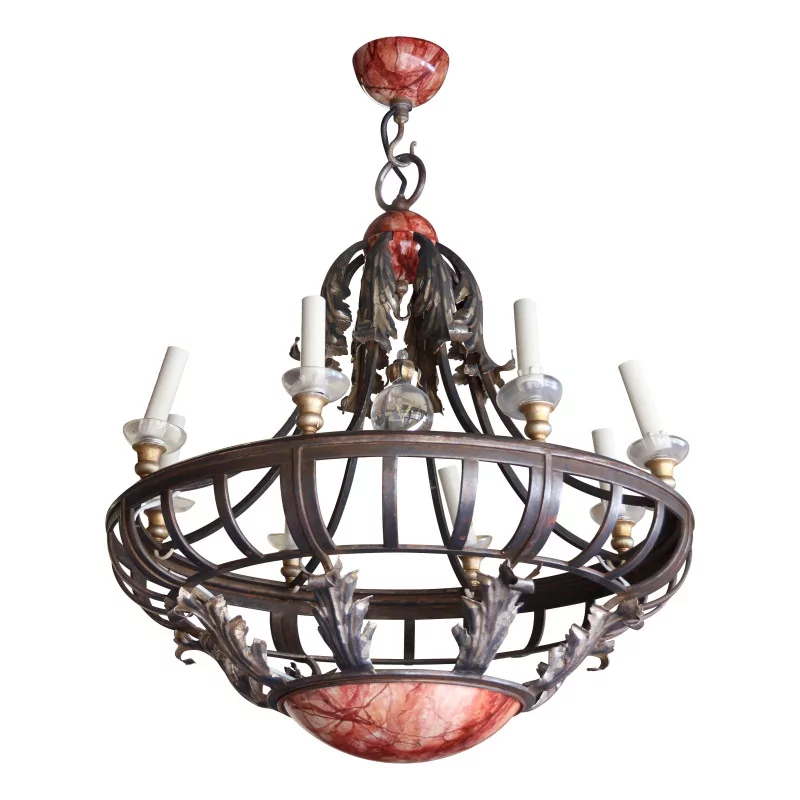 Lustre montgolfière en fer forgé et laiton - Moinat - Lustres, Plafonniers